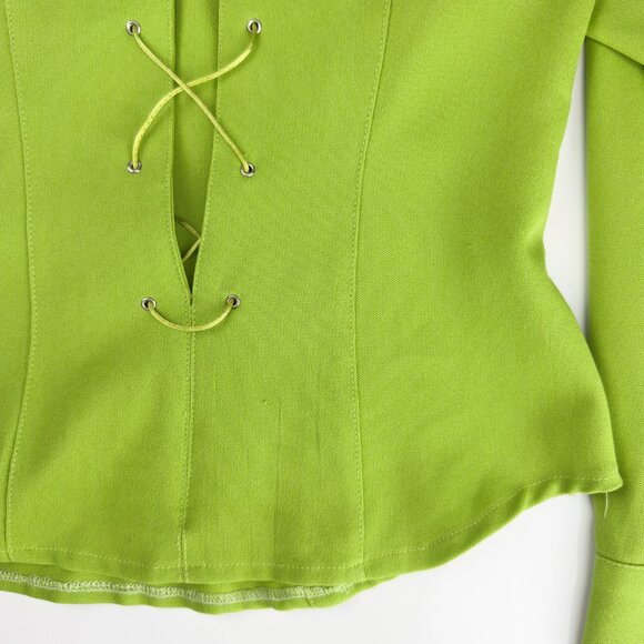 SANDRO Made in France Lace-Up Collared Long Sleeve Lime Green Top Blouse US 6 - Picture 9 of 9
